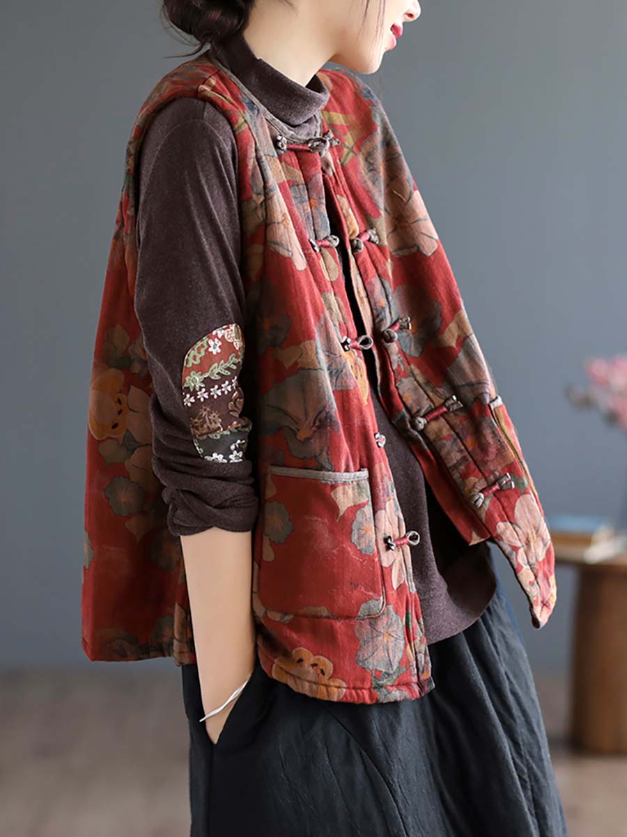 Women Artsy Ethni Floral Print Frog Waistcoat