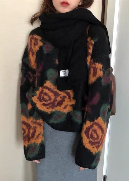 French Black O Neck Floral Jacquard Knit Sweater Tops Spring