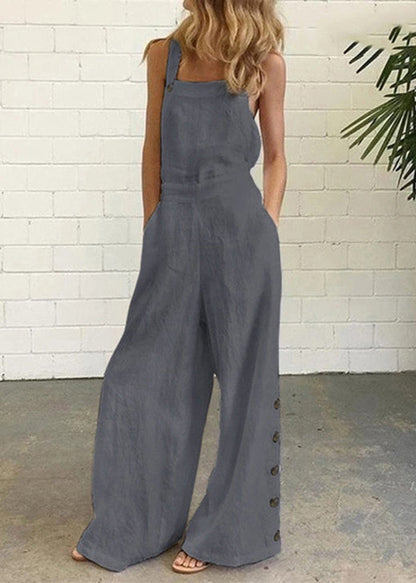 Chic Khaki Pockets Button Patchwork Cotton Jumpsuit Summer