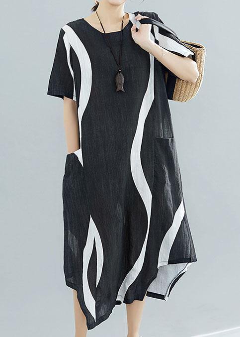 Chic black striped Chiffon quilting clothes o neck asymmetric Kaftan summer Dress