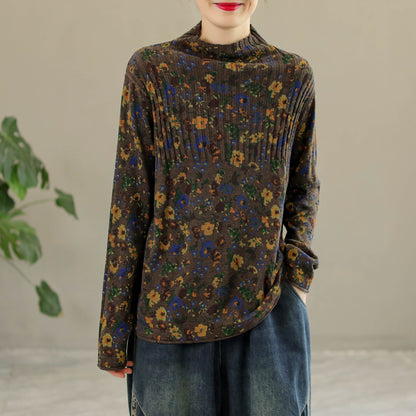 Women Retro Cotton High Collar Knitted Floral Sweater
