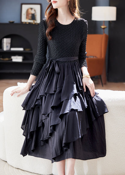 Women Black O Neck Ruffled Patchwork Cotton Dresses Spring