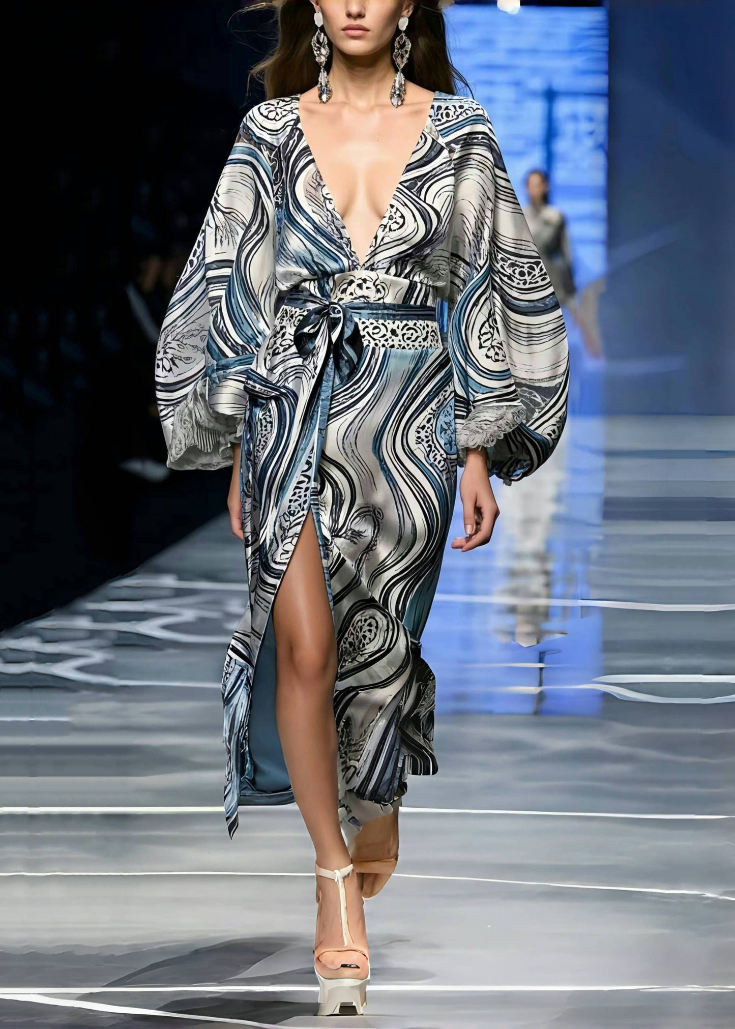 Chic Print Side Open Silk Tunic Dress Lantern Sleeve