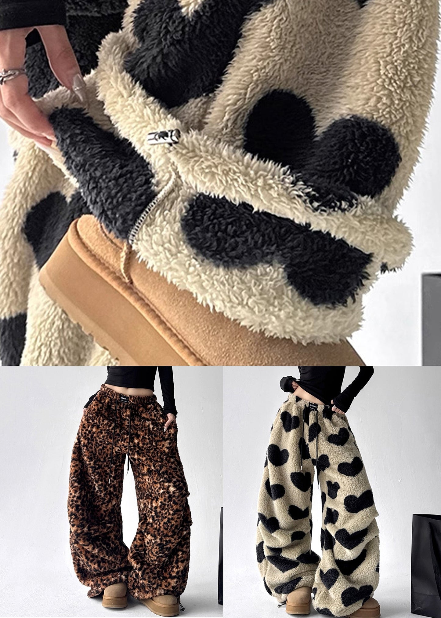 Loving Heart Pockets Fluffy Winter Wide Leg Pants Drawstring