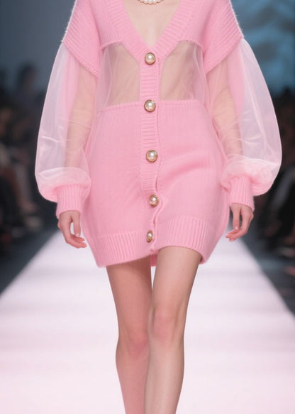 Italian Pink V Neck Tulle Button Patchwork Knit Cardigan Fall