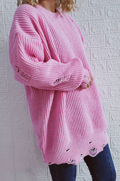 Street Solid Ripped O Neck Tops