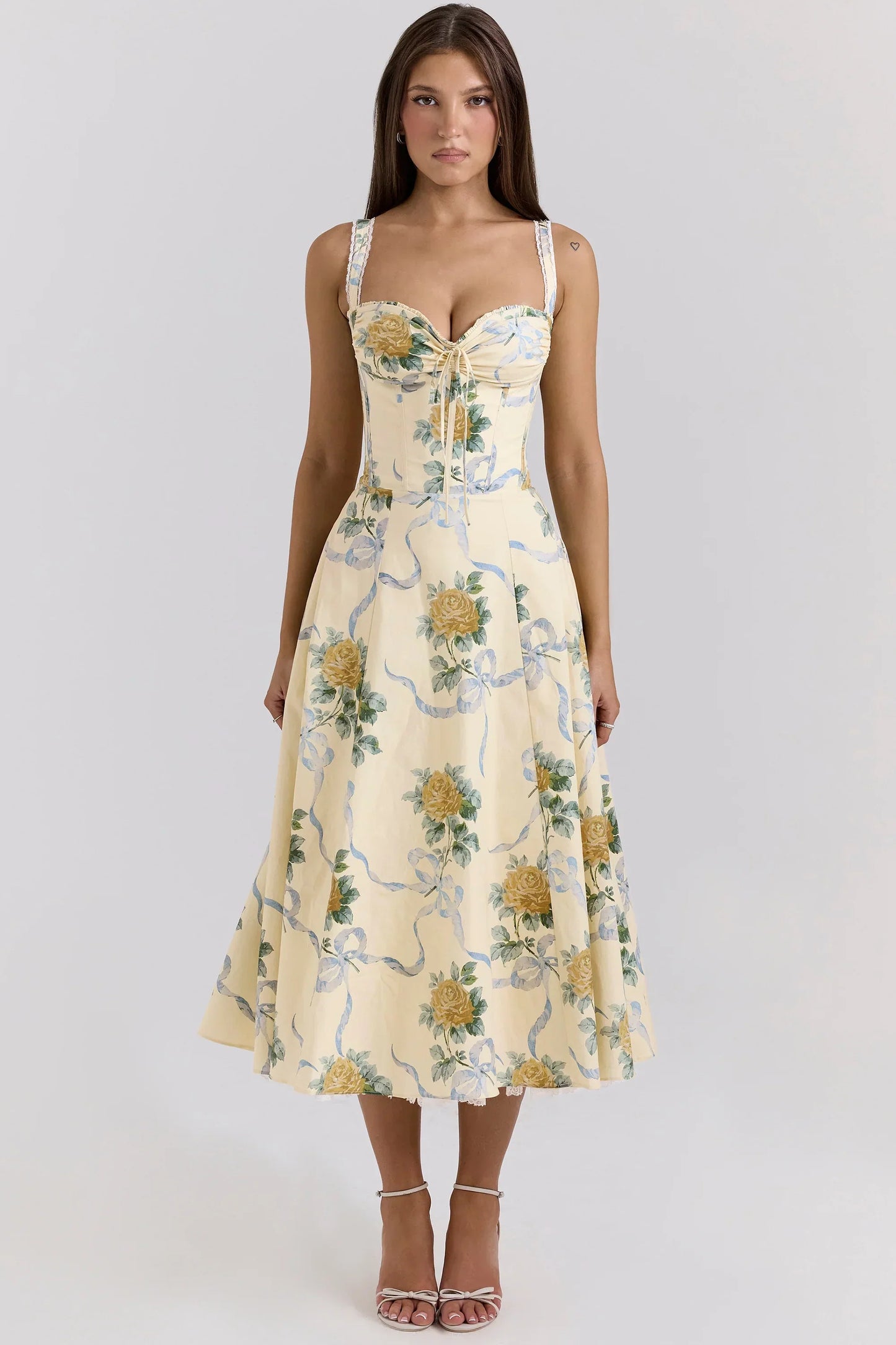 Lemon Vintage Ribbon Print Cotton Midi Dress