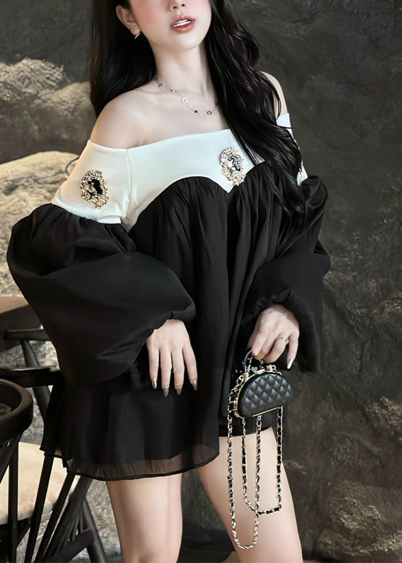 DIY Black Cold Shoulder Patchwork Cotton Blouse Top Spring
