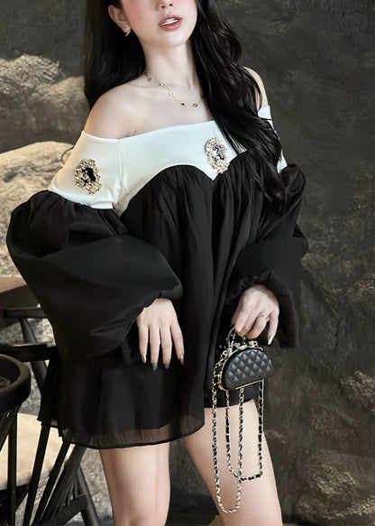 DIY Black Cold Shoulder Patchwork Cotton Blouse Top Spring