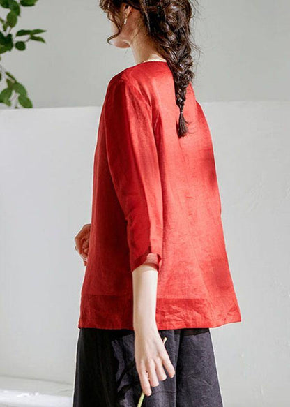 Red Oriental O-Neck Summer Ramie Shirts
