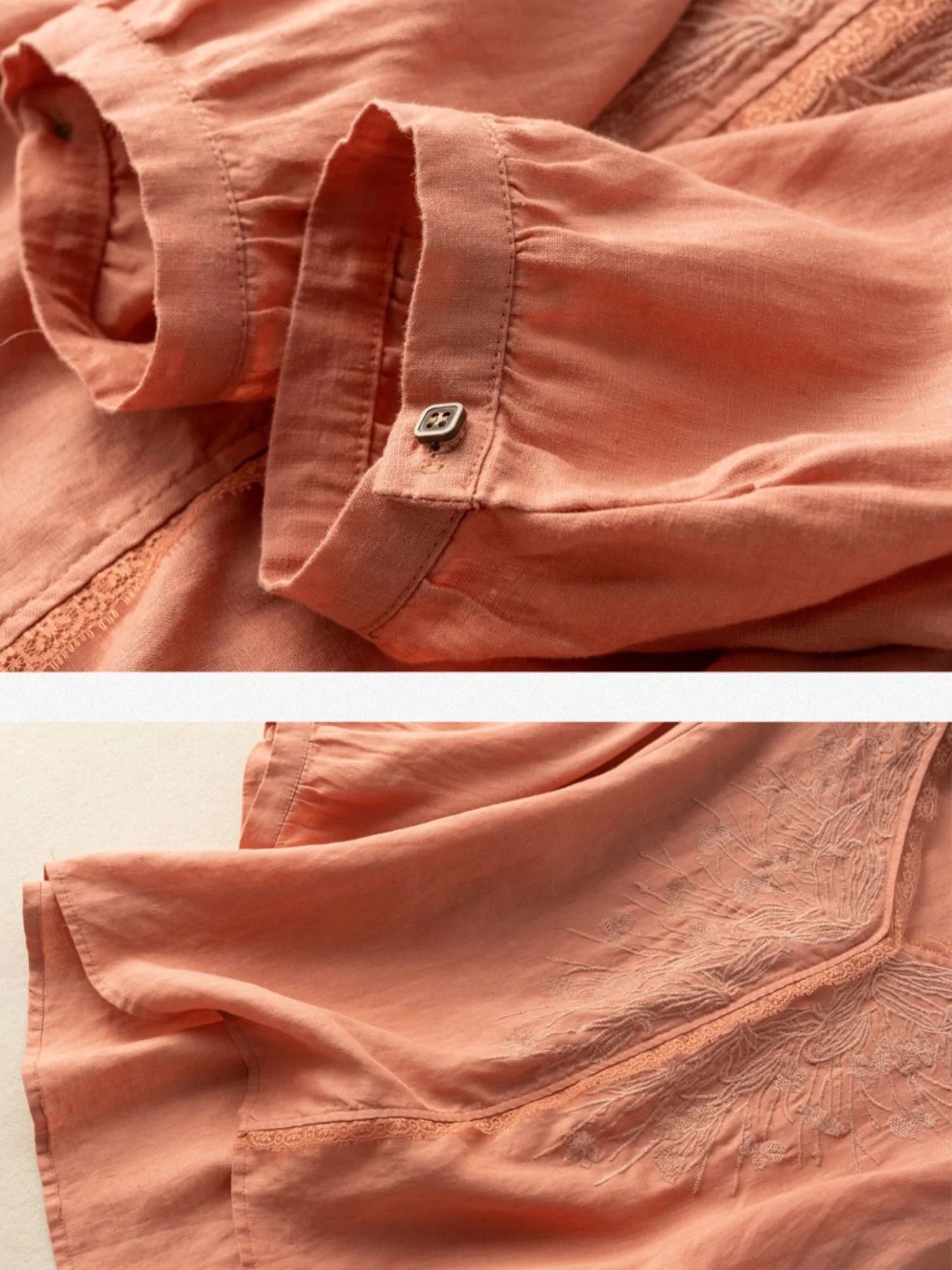 Embroidered V Neck 3/4 Sleeve Casual Linen Tee Top