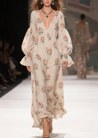 Chic V Neck Print Patchwork Cotton Long Dresses Fall