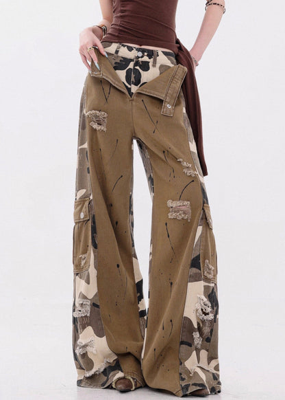 Casual Camouflage Pockets False Two Pieces Patchwork Denim Pants Fall