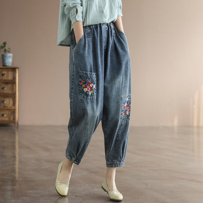 Pocket Embroidery High Waist Literary Retro Nine-point Harem Pants