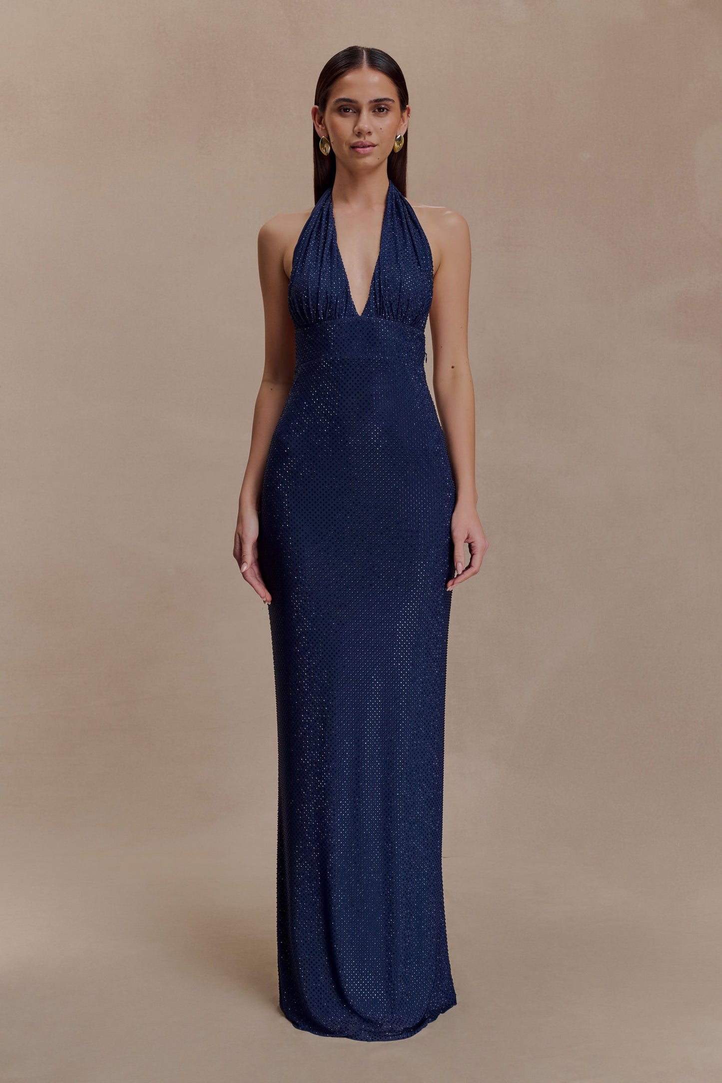 Navy Blue Halter Neck Sparkle Maxi Gown