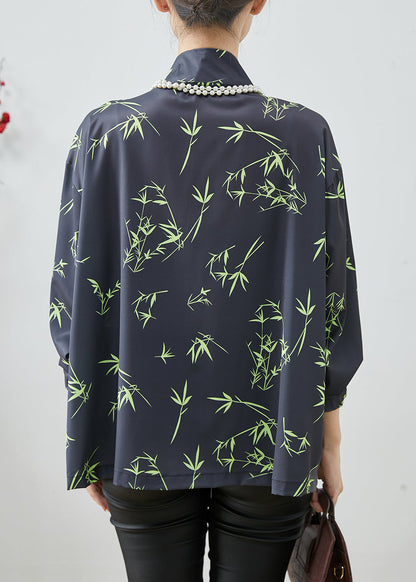 Vintage Black Oversized Bamboo Leaf Print Silk Shirt Spring