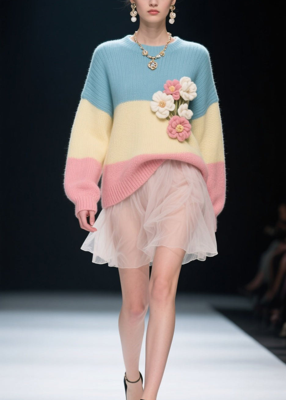 Boutique Colorblock O Neck Floral Knitwear Sweater Fall