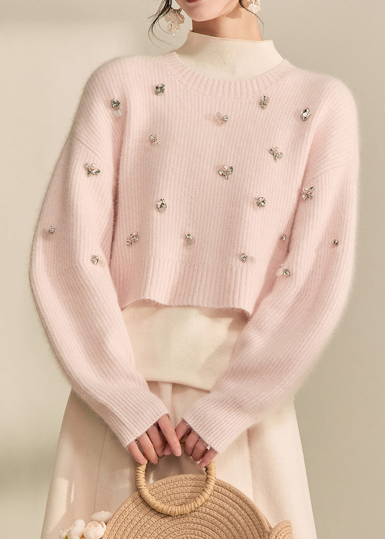 Cute Pink O-Neck Nail Bead Cotton Knit Short Sweater Fall