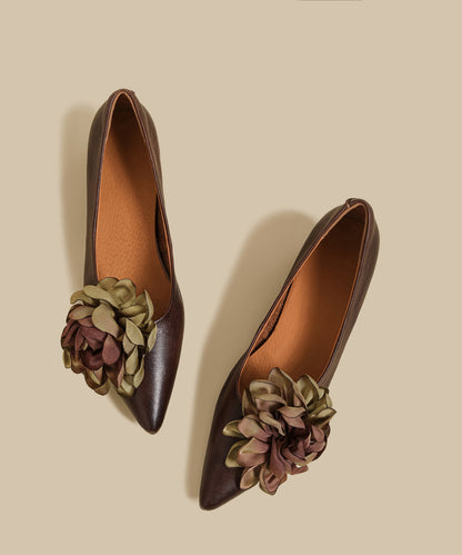 2025 New Brown Flower Cowhide Leather Chunky Heel Shoes