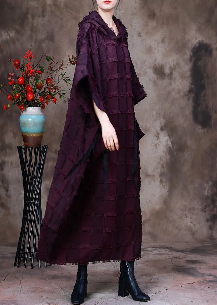 Women Purple Striped Silk Cotton Hooded Dresses Long Sleeve