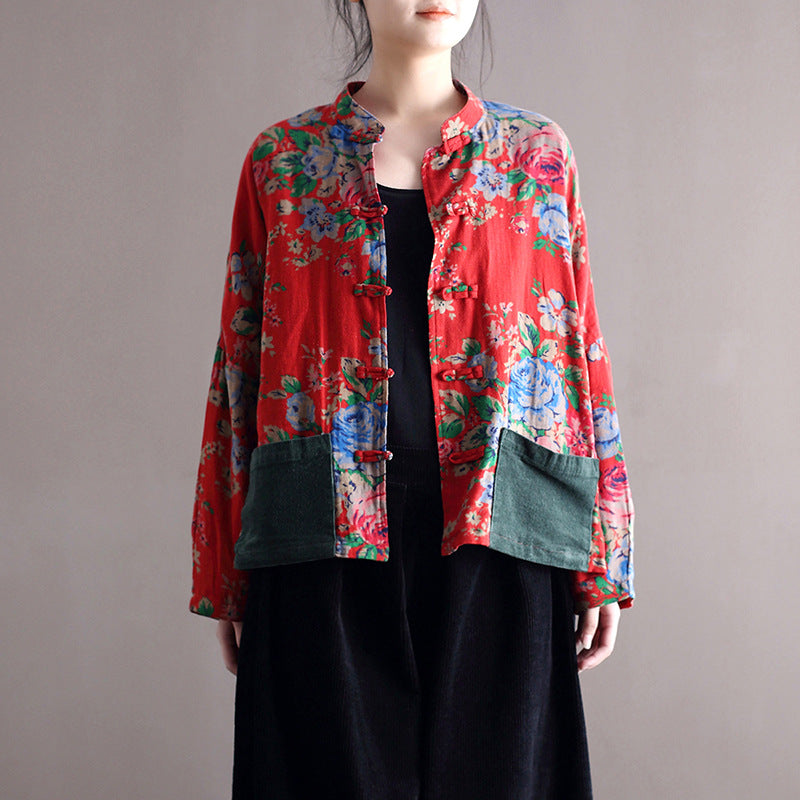 Vintage Blouse Stand Collar Large Flower Long-Sleeved Jacket