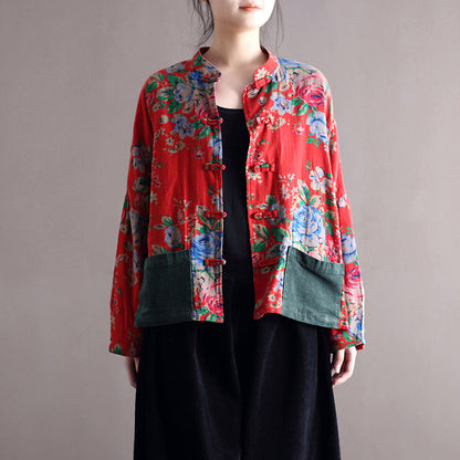 Vintage Blouse Stand Collar Large Flower Long-Sleeved Jacket