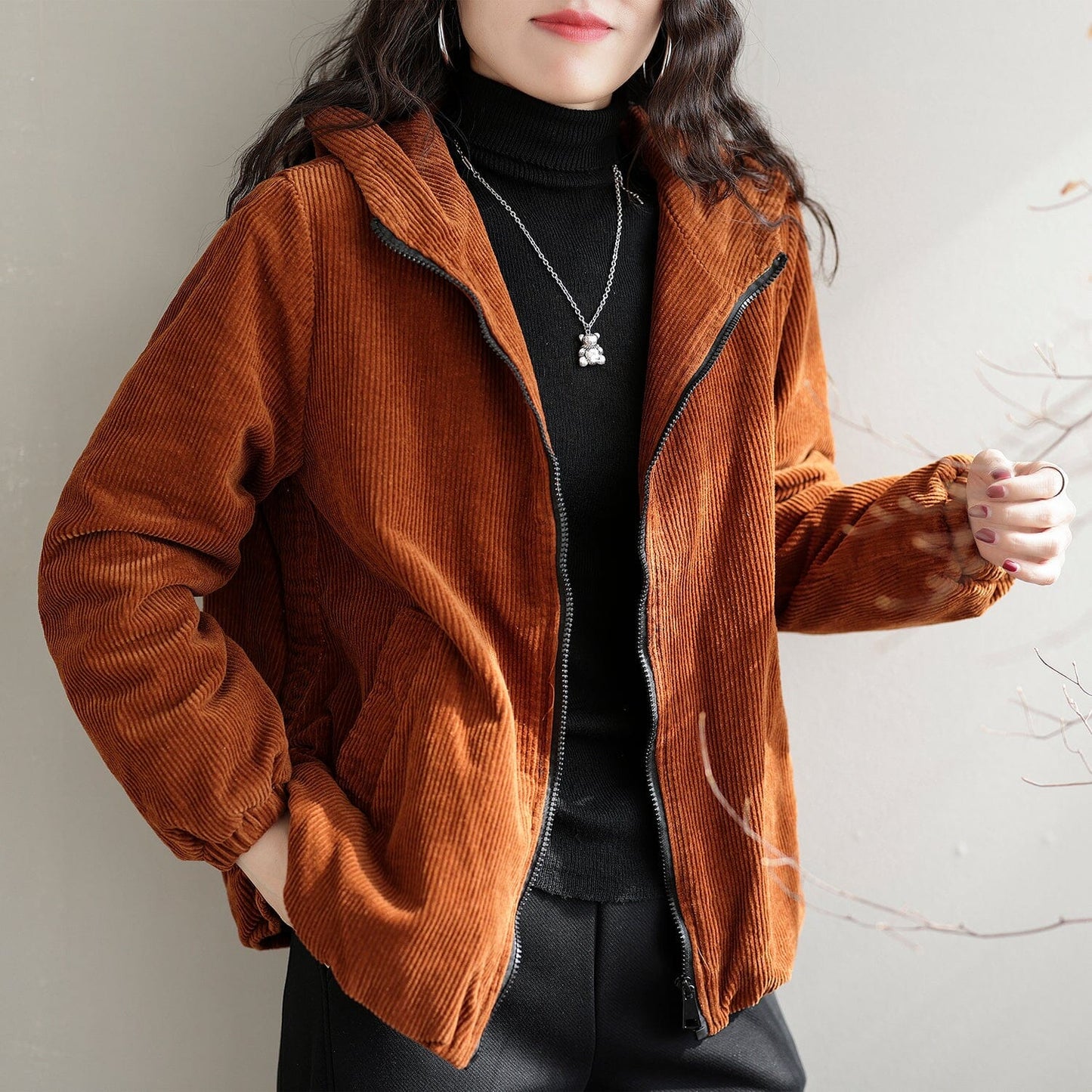 Winter Casual Fashion Cotton Corduroy Hooded Jacket