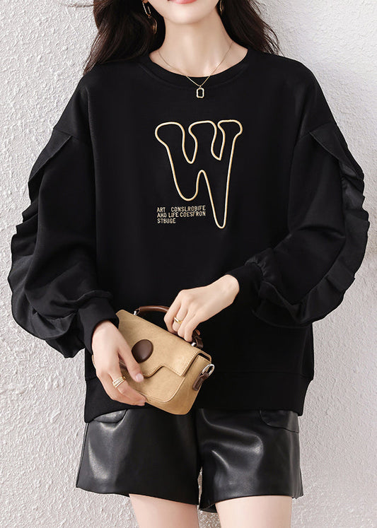 Boho Black Ruffled Embroidered Cotton Pullover Streetwear Fall