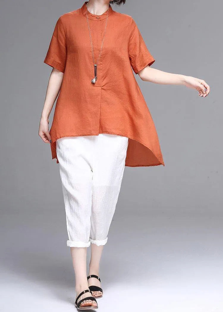 Natural stand collar asymmetric linen cotton box top orange box shirts summer