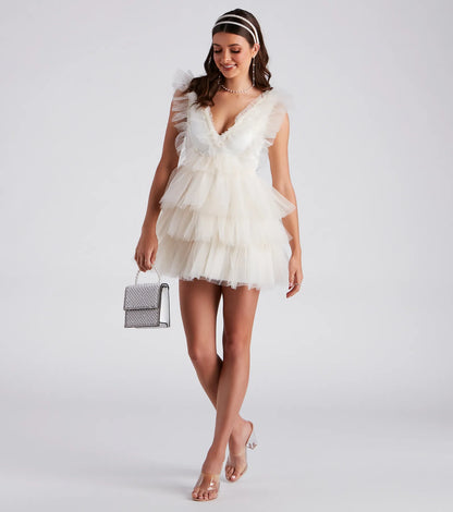 Devon Ruffled Tulle V-Neck Party Dress