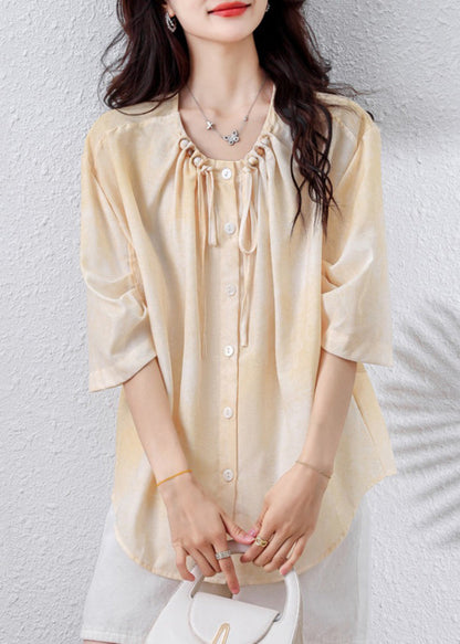 Elegant Apricot Drawstring Nail Bead Cotton Blouse Top Half Sleeve