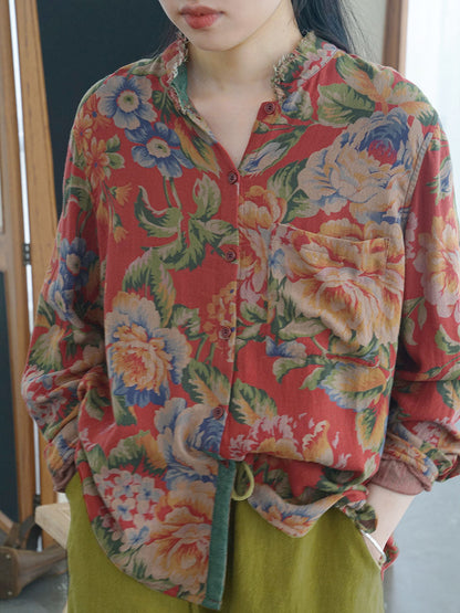 Plus Size Autumn Floral Ethnic Style Women T-Shirt