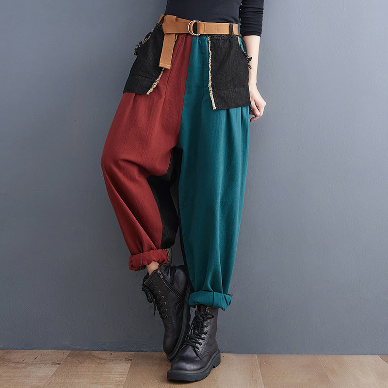 New Literary Plus Size Stitching Denim Harem Pants