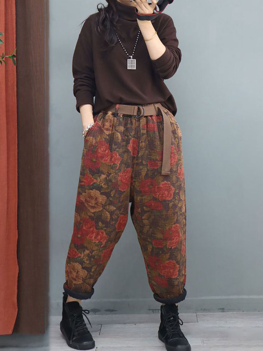 Vintage Flower Print Elastic Waist Harem Pants With Belt
