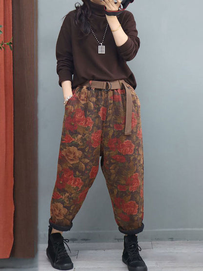 Vintage Flower Print Elastic Waist Harem Pants With Belt
