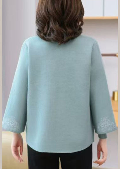 Elegant Light Blue V Neck Print Tassel Cotton Knit Cardigans And Sweaters Two Pieces Set Fall