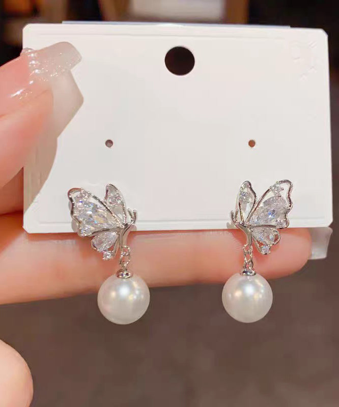 Fashion Gold Copper Overgild Zircon Pearl Butterfly Drop Earrings