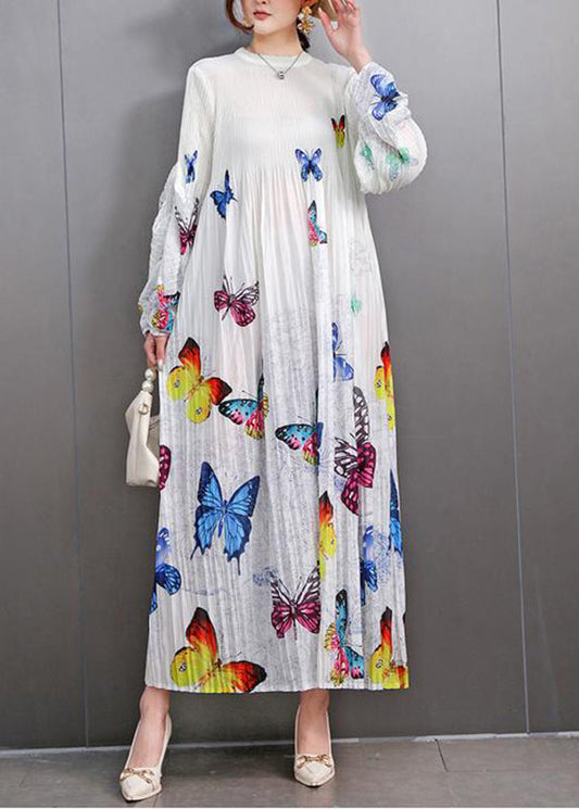 Beautiful White Print Wrinkled Long Dress Fall