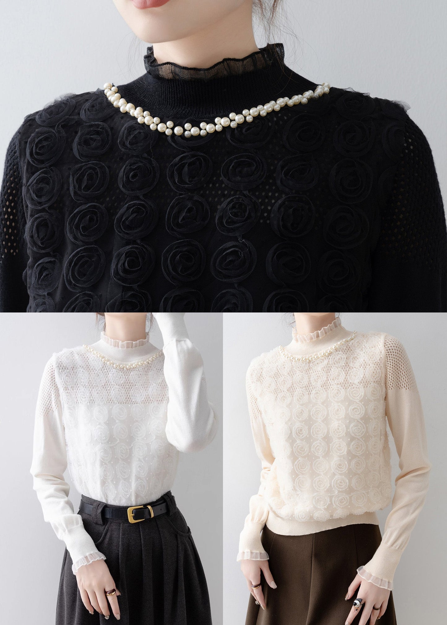 Modern White Ruffled Floral Knit Top Spring