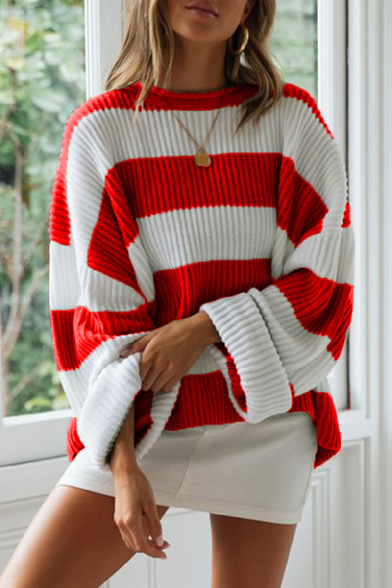 Fashion Sweet Striped Contrast O Neck Sweaters(5 Colors)