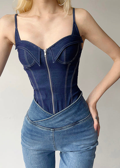 Women Blue Patchwork Zippered Denim Cami Bodysuit