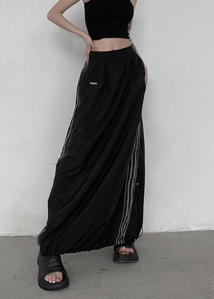 Casual Black Pockets Elastic Waist Patchwork Cotton Maxi Skirts Fall
