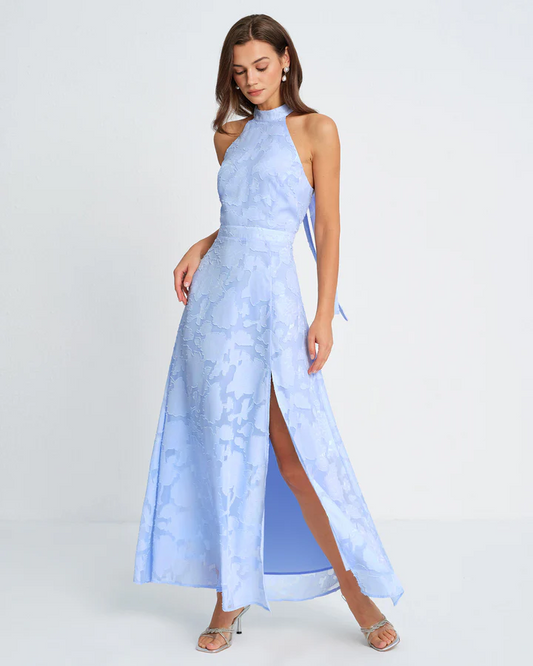 Light Blue Halter Jacquard Open Back Slit Maxi Dress