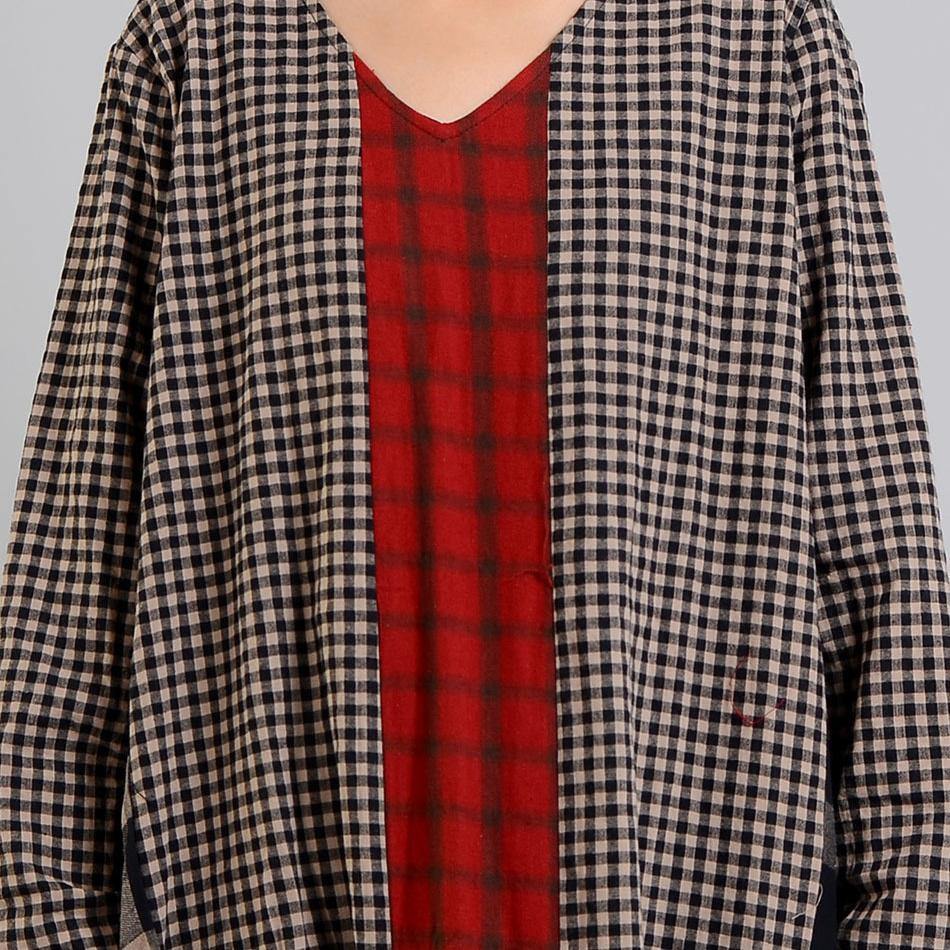 2019 black Plaid autumn Loose fitting v neck patchwork traveling clothing vintage Chinese Button dresses