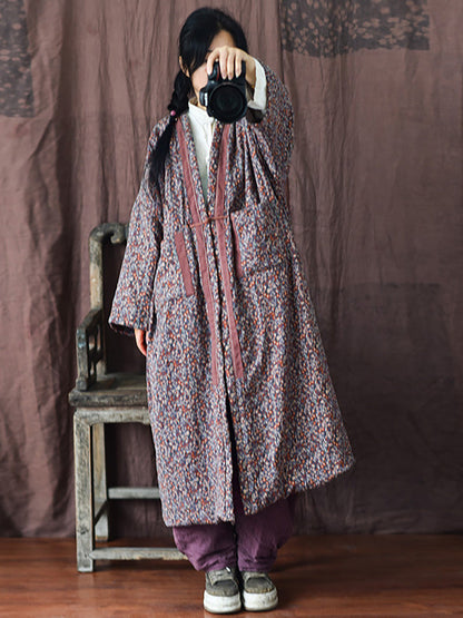 Women Vintage Winter Warm Floral Pocket Print Coat