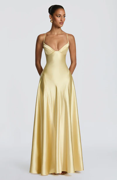 Yellow Satin V-Neck Spaghetti Strap Lace-Up Back A-Line Evening Gown