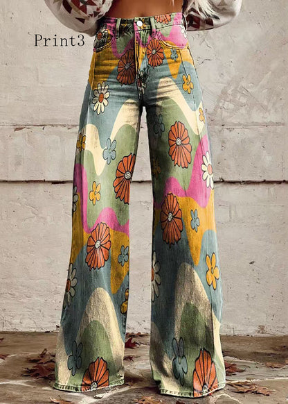 Loose Floral Print High Waist Pockets Denim Pants Spring