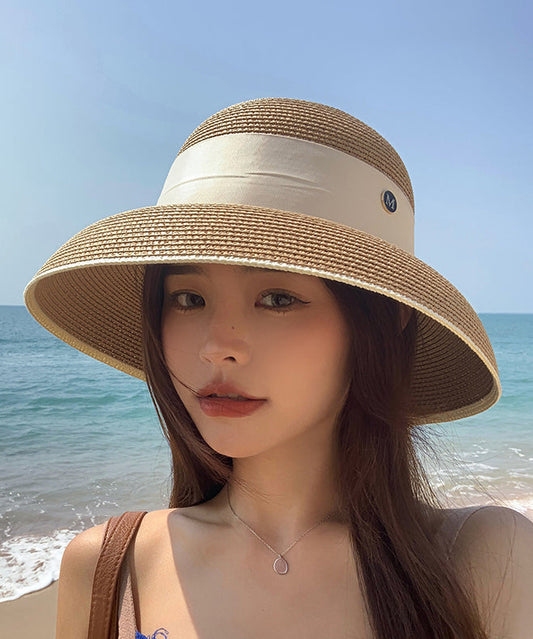 French Khaki Bow Straw Woven Holiday Style Beach Bucket Hat