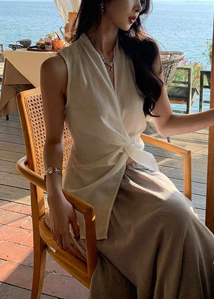 Women White V Neck Front Open Cotton Blouses Sleeveless