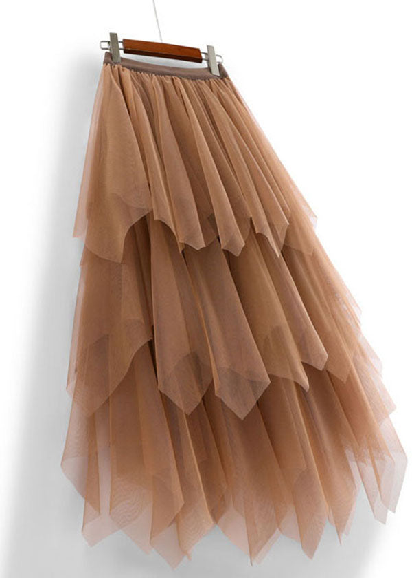Casual Coffee Asymmetric Design Elastic Waist Tulle Skirts Spring
